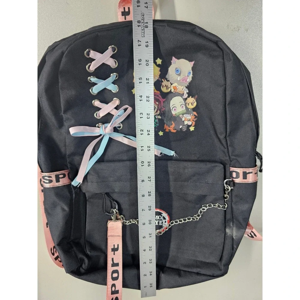 Demon Slayer Anime Backpack Black Pink Lace Up USB Port Tanjiro Nezuko Chibi